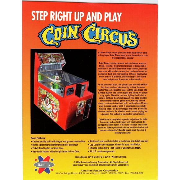 1994 Coin Circus Arcade Game Sales Flyer American Sammy Corp Ephemera - Picture 1 of 2
